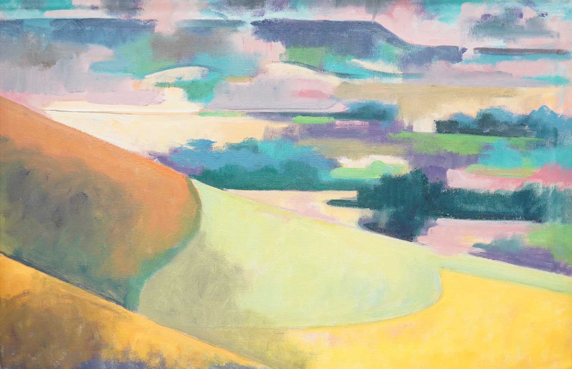 Robin Holtom (b.1944), 'Towards Firle Beacon', abstract landscape, monogrammed and inscribed verso, oil on canvas, 49 x 74cm